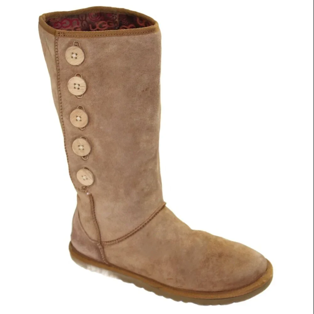 UGG Lo Pro Button Tan Signature Leather Mid-Calf Boots Size 6